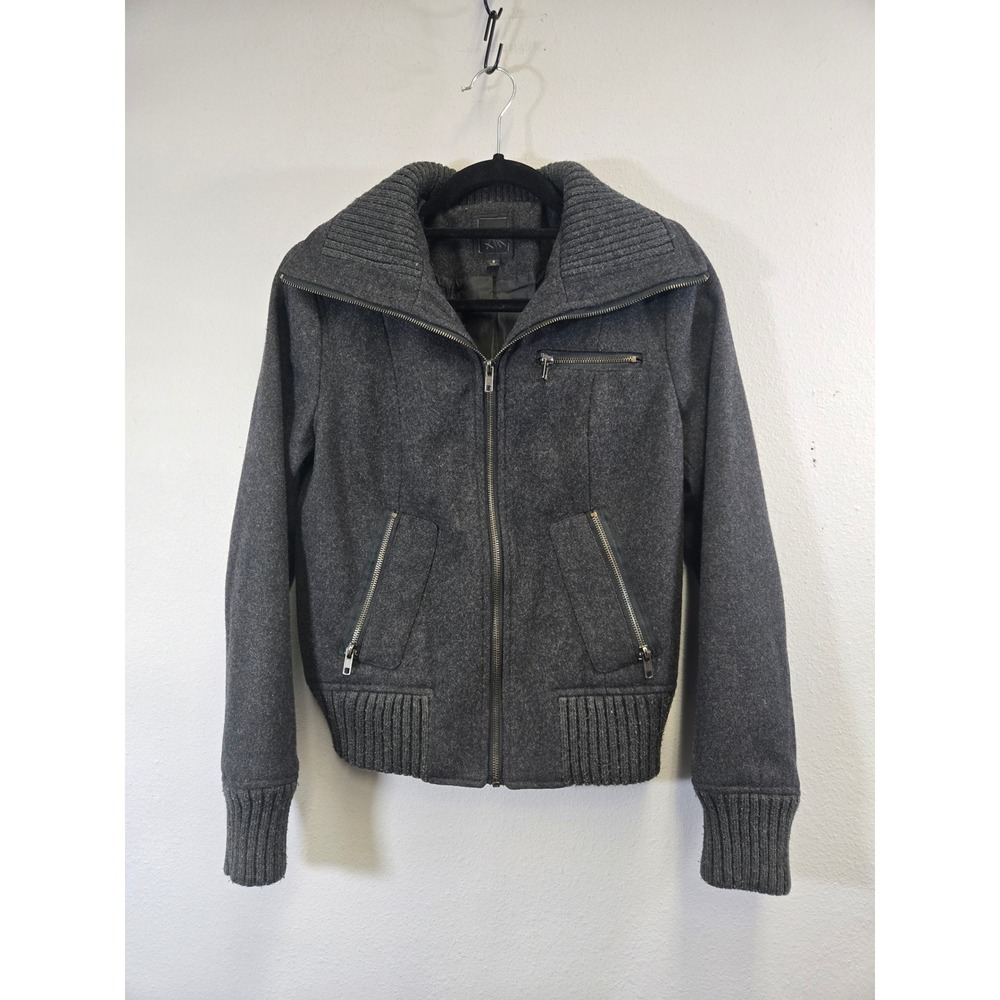 Express Wool Blend Moto Ribbed Collar Full Zip Gray Bomber Jacket Small